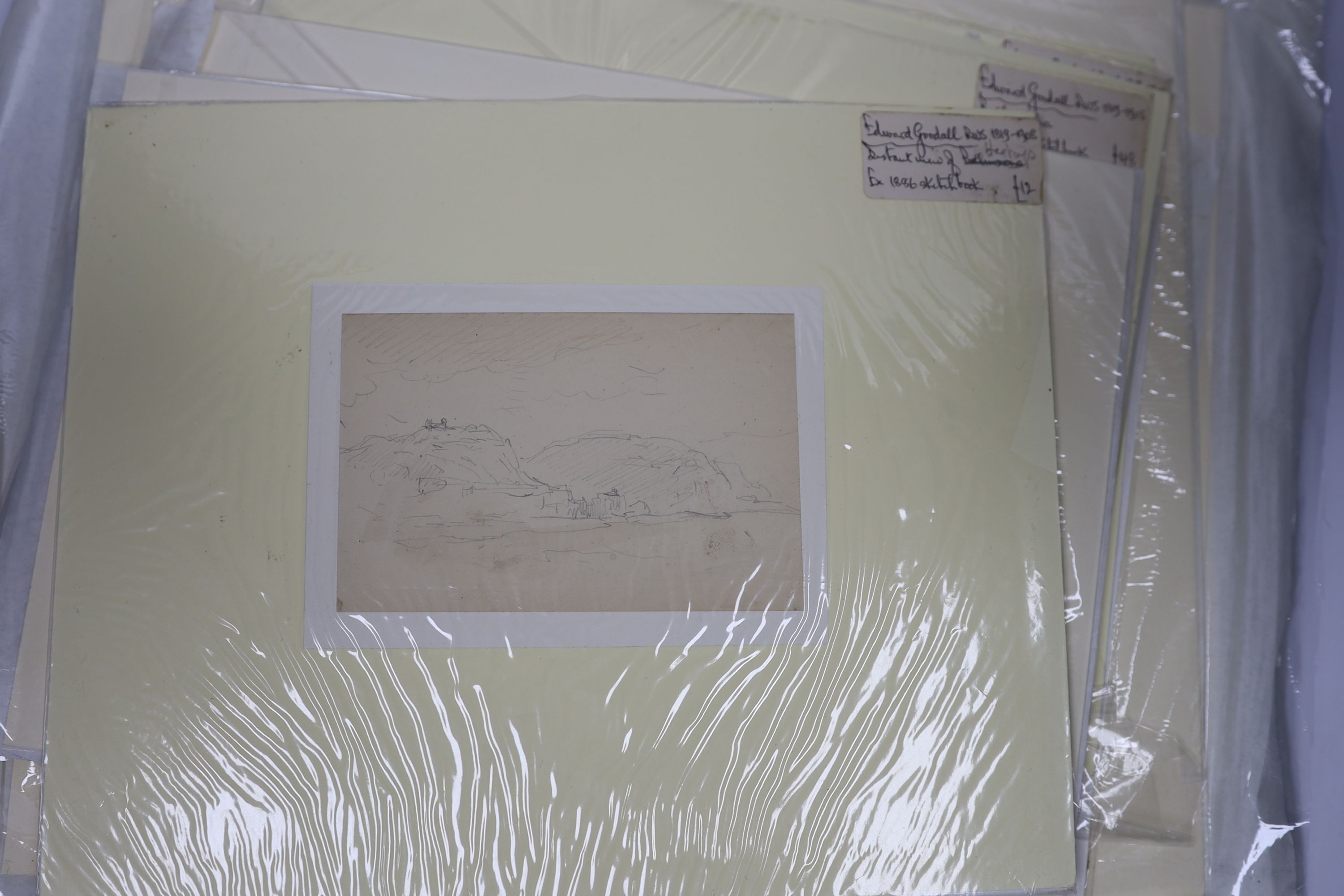 Twenty-three 19th century and later pencil, ink and watercolour sketches, Landscapes and architectural designs, including examples by Edward Goodall, unframed, largest 15.5cm x 20.5cm